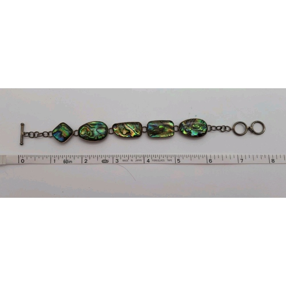 Vintage 8" Sterling Silver Abalone Shell Link Segment Toggle Bracelet "LUC"